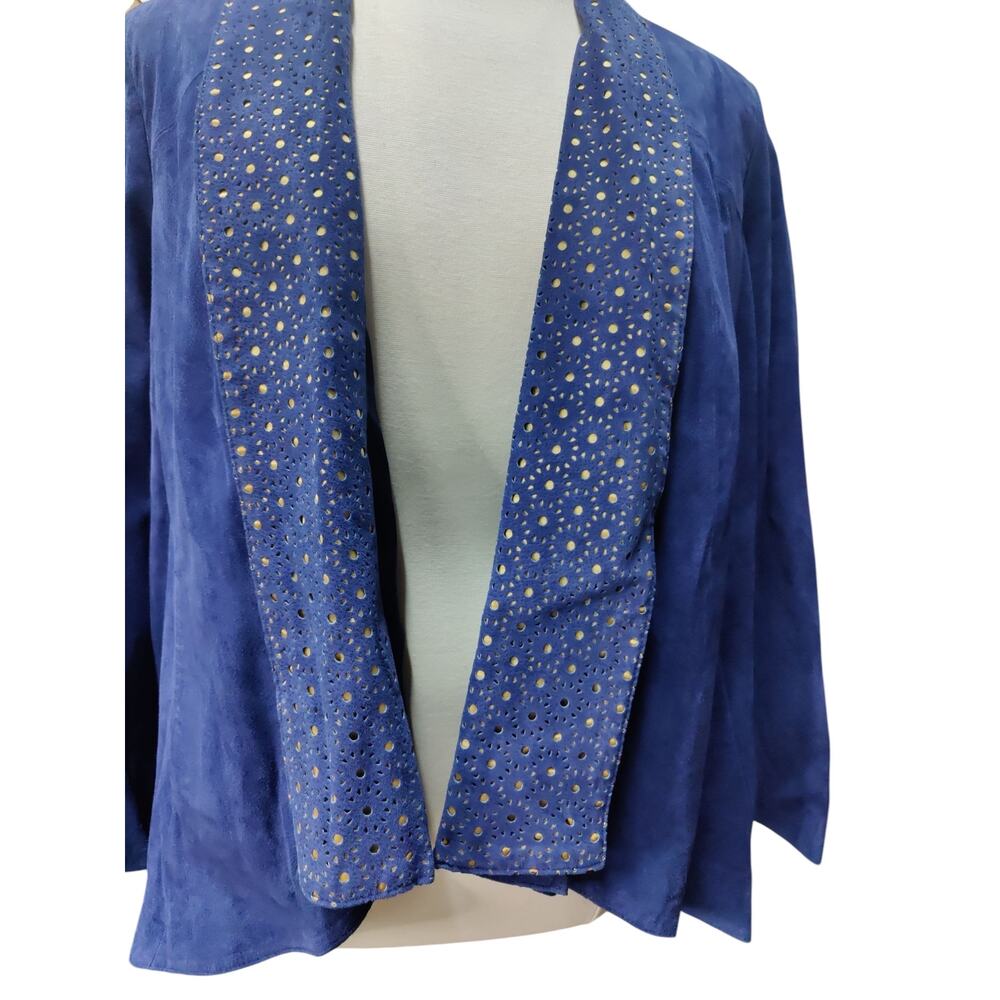 IMAN genuine soft blue leather shell jacket w/ blue suede & gold floral design - Picture 3 of 4